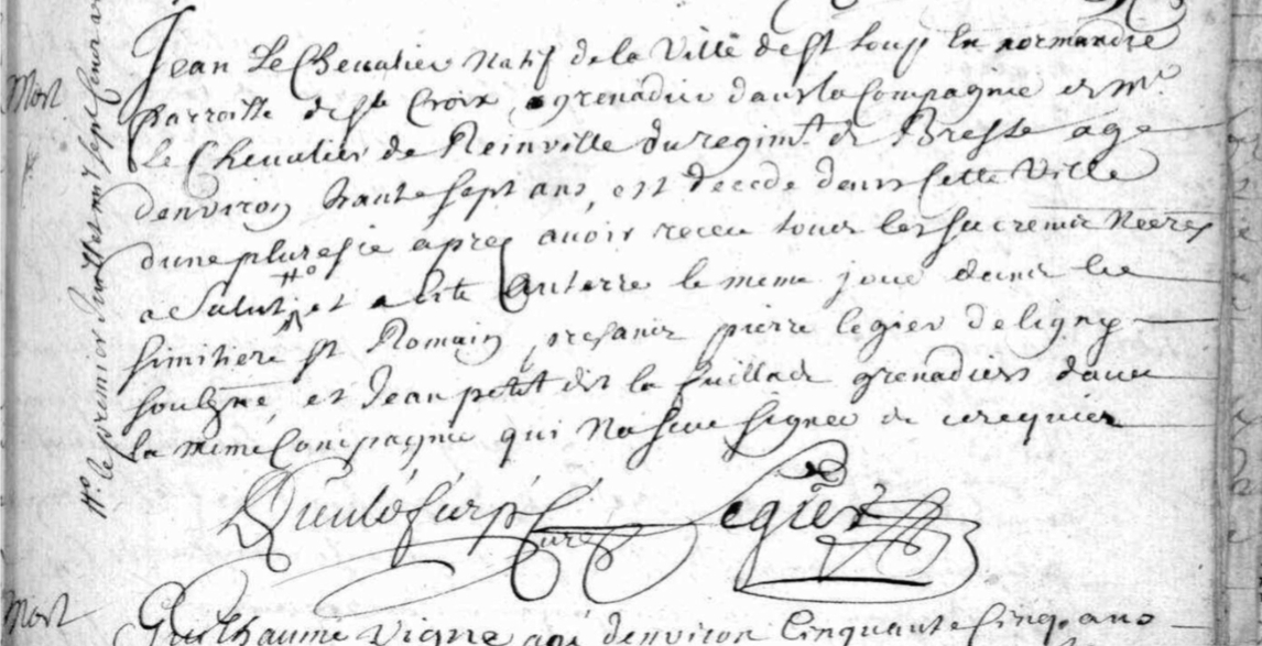 Généalogie Anecdotes Registre Chirac 1721 Acte Sépulture Grenadier Pleurésie