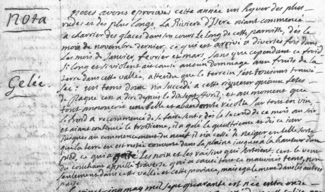 Généalogie Anecdotes Registre Saint-Pierre-d'Albigny 1740 Climat Hiver